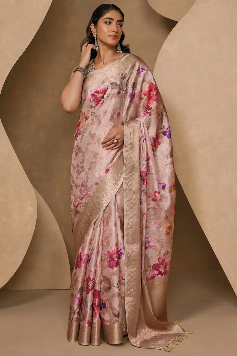 Beige Tussar Floral Print Saree